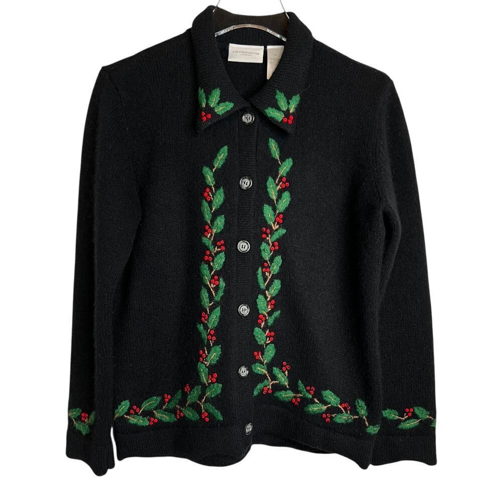 LIZ CLAIBORNE Wool Angora Embroidered Holly Button Cardigan Black Women’s M